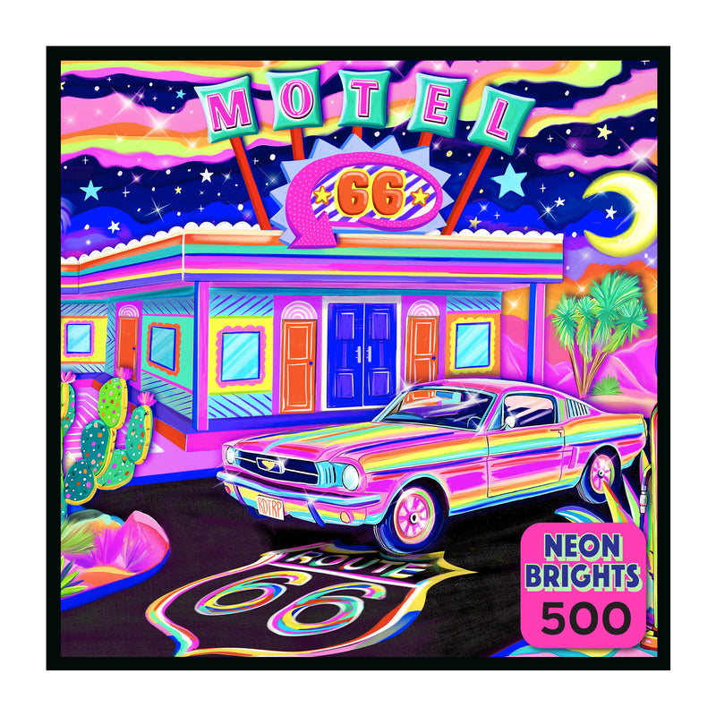 The ROSEART - NEON BRIGHTS - RT 66 NIGHT - 500 PIECE JIGSAW PUZZLE features a neon-colored classic car at a retro motel with a Route 66 sign, perfect for collectors or anyone who loves vibrant Route 66-themed puzzles.