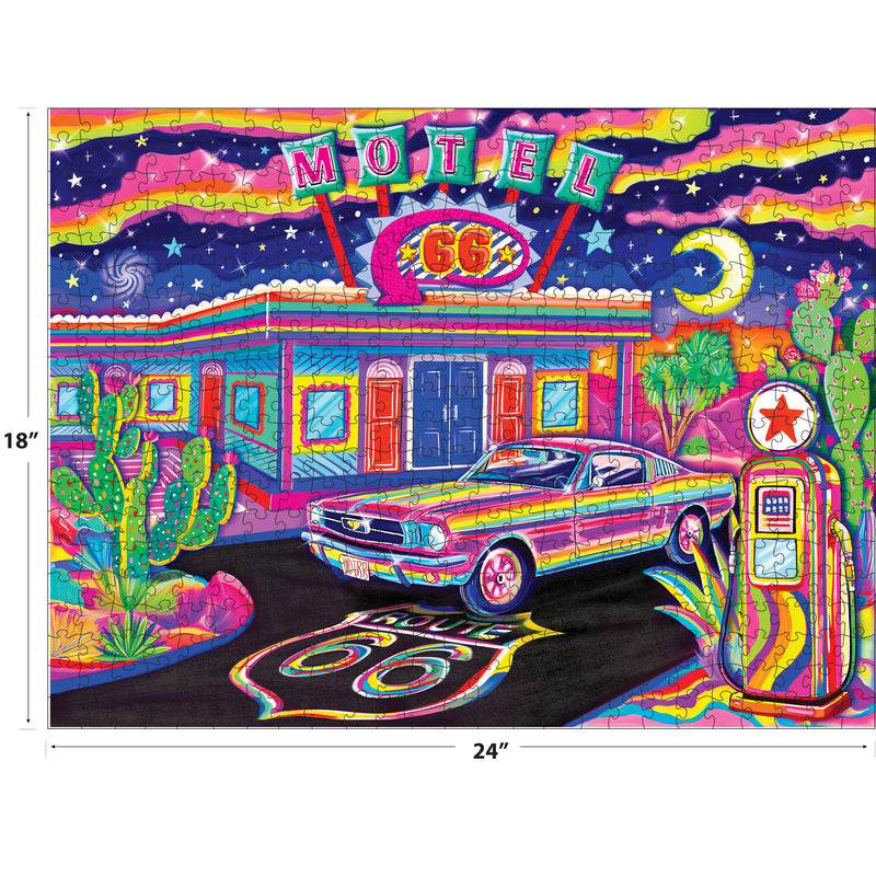 The ROSEART - NEON BRIGHTS - RT 66 NIGHT 500 Piece Jigsaw Puzzle features a retro motel scene with neon signs, classic car, cacti, and vintage gas pump; finished size is 18 x 24 inches.