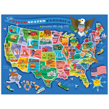 The ROSEART United States of America Map 100 Piece Jigsaw Puzzle features a colorful illustrated US map with each state’s landmarks, animals, symbols, and labeled bodies of water for fun and engaging learning.