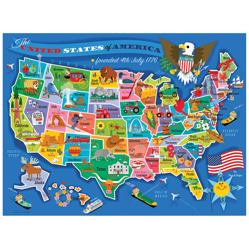 The ROSEART United States of America Map 100 Piece Jigsaw Puzzle features a colorful illustrated US map with each state’s landmarks, animals, symbols, and labeled bodies of water for fun and engaging learning.