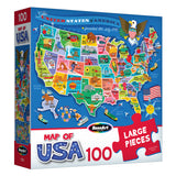 The ROSEART - UNITED STATES OF AMERICA MAP - 100 PIECE JIGSAW PUZZLE features large, easy-to-handle pieces and a colorful illustrated US map with state icons and landmarks, labeled "Map of USA".