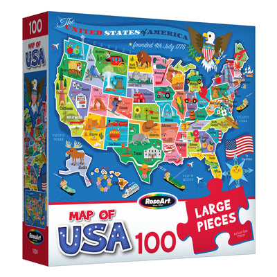 The ROSEART - UNITED STATES OF AMERICA MAP - 100 PIECE JIGSAW PUZZLE features large, easy-to-handle pieces and a colorful illustrated US map with state icons and landmarks, labeled "Map of USA".