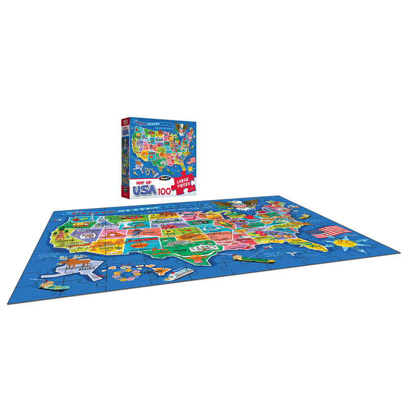 The ROSEART - UNITED STATES OF AMERICA MAP - 100 PIECE JIGSAW PUZZLE is assembled on a blue surface, with its puzzle box upright in the background.