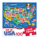 The ROSEART - UNITED STATES OF AMERICA MAP - 100 PIECE JIGSAW PUZZLE features colorful illustrations with state names, landmarks, and icons. This fun, educational puzzle has large pieces for easy handling and is great for all ages.