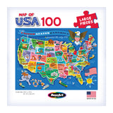 The ROSEART - UNITED STATES OF AMERICA MAP - 100 PIECE JIGSAW PUZZLE has 100 large pieces with state names, symbols, and colorful art; the box shows "Map of USA," the RoseArt logo, and a "Made in USA" label—great for learning fun.