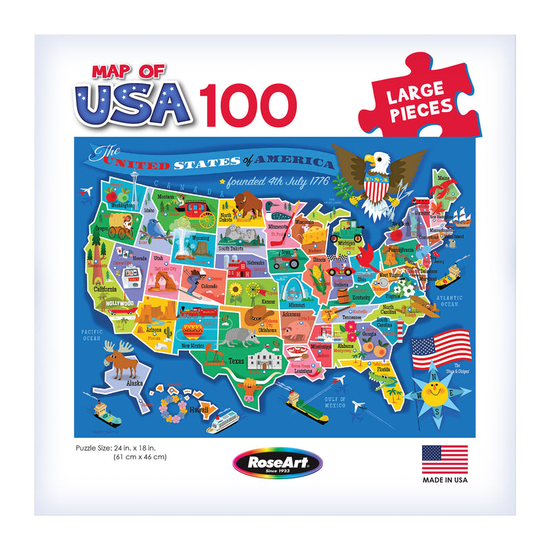 The ROSEART - UNITED STATES OF AMERICA MAP - 100 PIECE JIGSAW PUZZLE has 100 large pieces with state names, symbols, and colorful art; the box shows "Map of USA," the RoseArt logo, and a "Made in USA" label—great for learning fun.
