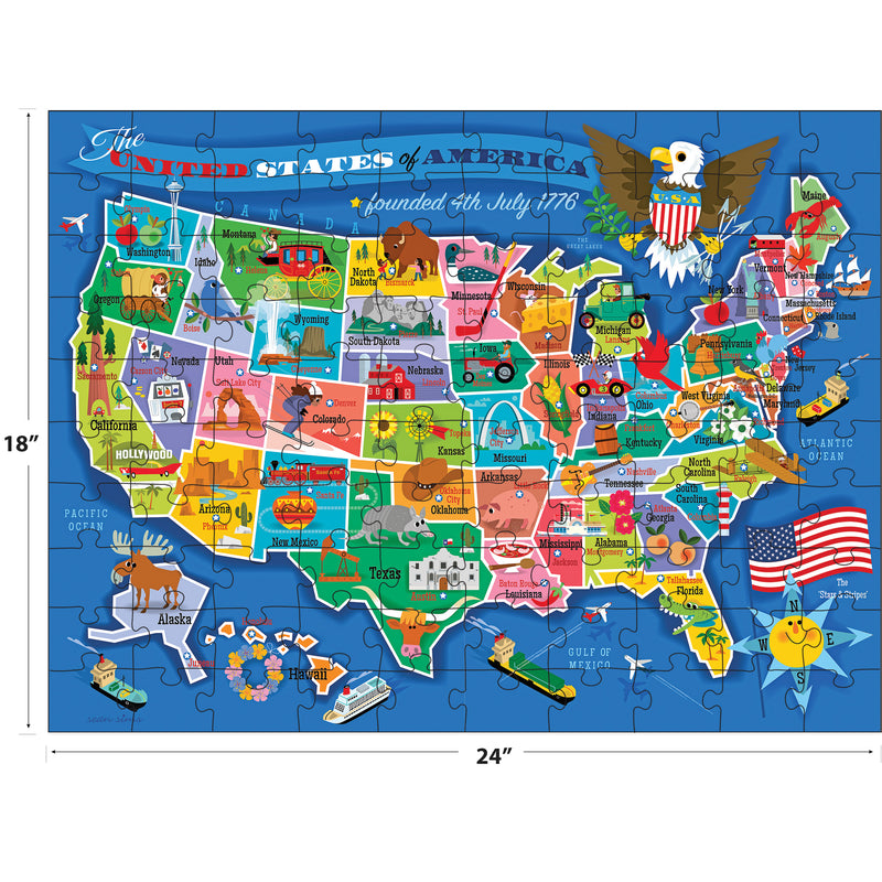 The ROSEART - UNITED STATES OF AMERICA MAP - 100 PIECE JIGSAW PUZZLE features colorful illustrations, state names, symbols, landmarks, a bald eagle, and Alaska and Hawaii in the bottom left—ideal for kids or fun jigsaw activities.