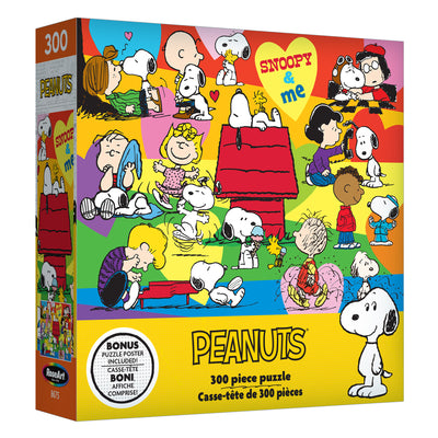Experience Peanuts' charm with the ROSEART - PEANUTS - SNOOPY AND ME 300-piece jigsaw puzzle, featuring iconic characters like Snoopy and Charlie Brown. Includes a bonus puzzle poster for added enjoyment.