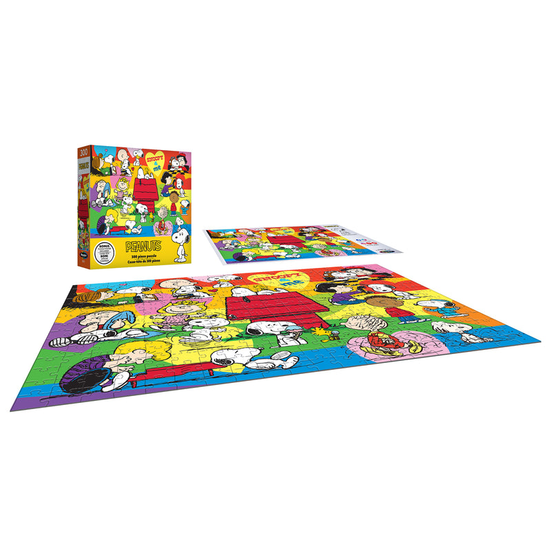 The ROSEART - PEANUTS - SNOOPY AND ME 300-piece jigsaw puzzle displays a vibrant image of Snoopy and other characters. Its box features the same charming design, making it ideal for collectors and Peanuts fans.