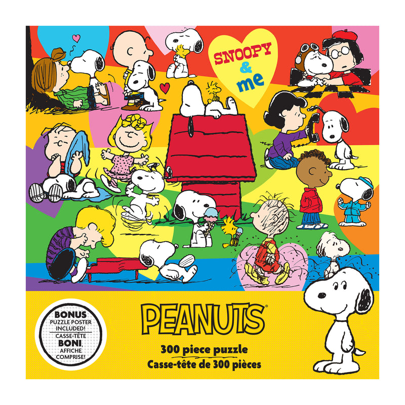 Enjoy the ROSEART Peanuts jigsaw puzzle, "Snoopy and Me," a vibrant 300-piece set featuring Snoopy and beloved Peanuts characters in playful scenes, perfect for any fan.