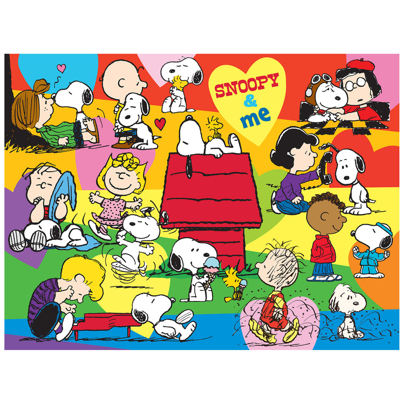 A vibrant ROSEART 300-piece jigsaw puzzle called "PEANUTS - SNOOPY AND ME," featuring a collage of Peanuts characters interacting with Snoopy in various scenarios.