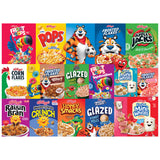 The image features the ROSEART - KELLOGG'S - CEREAL FAVORITES MODERN 1000 piece jigsaw puzzle, displaying 15 colorful cereal boxes like Froot Loops and Corn Pops arranged in three vibrant rows.
