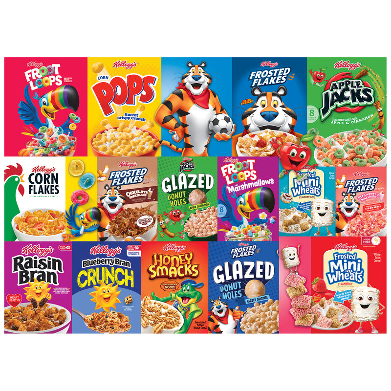 The image features the ROSEART - KELLOGG'S - CEREAL FAVORITES MODERN 1000 piece jigsaw puzzle, displaying 15 colorful cereal boxes like Froot Loops and Corn Pops arranged in three vibrant rows.