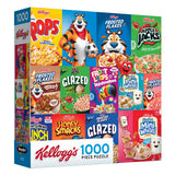 The ROSEART Kellogg's Cereal Favorites Modern 1000 Piece Jigsaw Puzzle showcases vibrant images of classic cereal boxes like Frosted Flakes, Froot Loops, Honey Smacks, and Mini Wheats on the front.