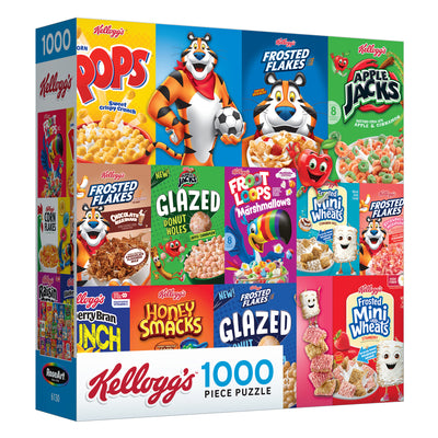 The ROSEART Kellogg's Cereal Favorites Modern 1000 Piece Jigsaw Puzzle showcases vibrant images of classic cereal boxes like Frosted Flakes, Froot Loops, Honey Smacks, and Mini Wheats on the front.
