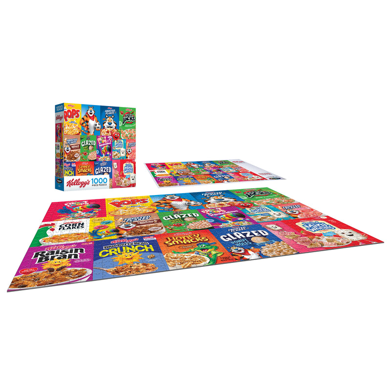 The completed ROSEART - KELLOGG'S - Cereal Favorites Modern 1000 Piece Jigsaw Puzzle, featuring vibrant cereal box designs, is displayed with its upright puzzle box nearby.