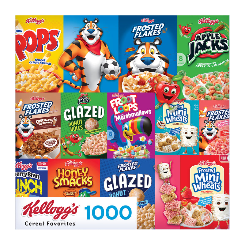 Enjoy the ROSEART Kellogg's Cereal Favorites Modern 1000-piece jigsaw puzzle, featuring colorful cereal box mascots like Frosted Flakes, Froot Loops, Apple Jacks, and Honey Smacks in a vibrant collage!.