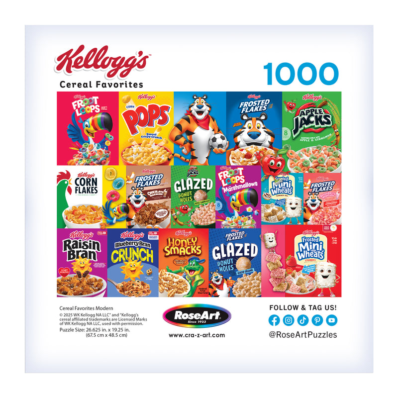 Image of the ROSEART - KELLOGG'S - CEREAL FAVORITES MODERN 1000 piece jigsaw puzzle, featuring popular cereals like Froot Loops, Frosted Flakes, Apple Jacks, Corn Flakes, and Raisin Bran.