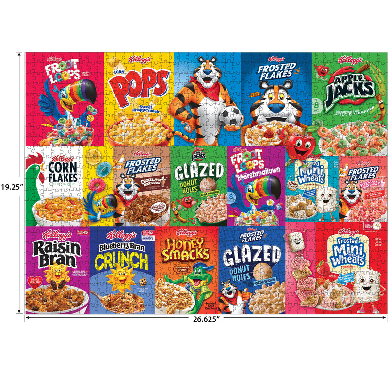 ROSEART - KELLOGG'S - CEREAL FAVORITES MODERN 1000 piece jigsaw puzzle features a collage of 16 vibrant Kellogg’s cereal boxes—like Froot Loops and Frosted Flakes—arranged in four rows, ideal for any cereal puzzle fan.