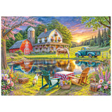 Experience a vibrant farm scene with red barn, vintage truck, pond, and flowers in the ROSEART SOFT TOUCH BACKYARD 1000 Piece Jigsaw Puzzle—perfect for relaxing under a colorful sunset sky.