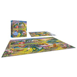 The ROSEART SOFT TOUCH BACKYARD 1000 piece jigsaw puzzle features a vibrant backyard scene and comes with its box—ideal for family fun.