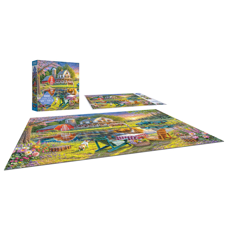The ROSEART SOFT TOUCH BACKYARD 1000 piece jigsaw puzzle features a vibrant backyard scene and comes with its box—ideal for family fun.