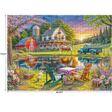 The ROSEART Soft Touch Backyard 1000 piece jigsaw puzzle features a colorful farmhouse scene with a pond, horse, vintage truck, red barn, dog, and more; finished size is 19.25" x 26.625". High RoseArt quality.
