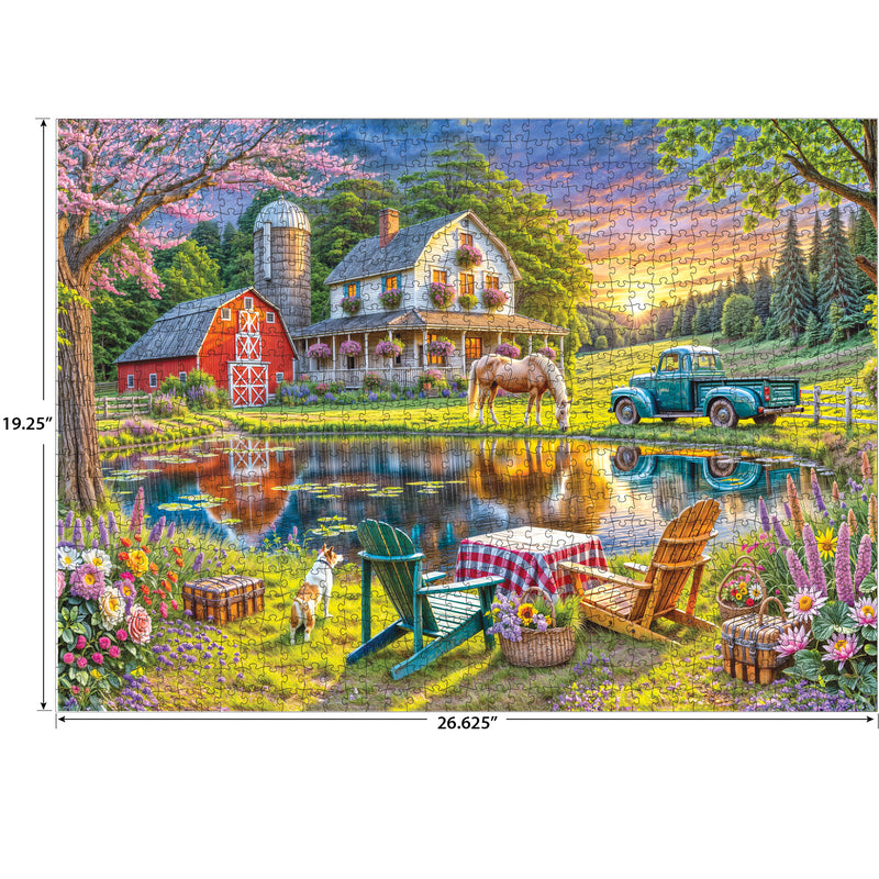 The ROSEART Soft Touch Backyard 1000 piece jigsaw puzzle features a colorful farmhouse scene with a pond, horse, vintage truck, red barn, dog, and more; finished size is 19.25" x 26.625". High RoseArt quality.
