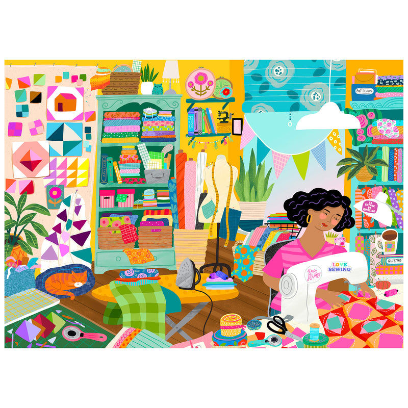 A woman sews in her vibrant, fabric-filled room as a cat naps nearby—all depicted in the ROSEART SOFT TOUCH SEWING ROOM 1000 piece jigsaw puzzle.