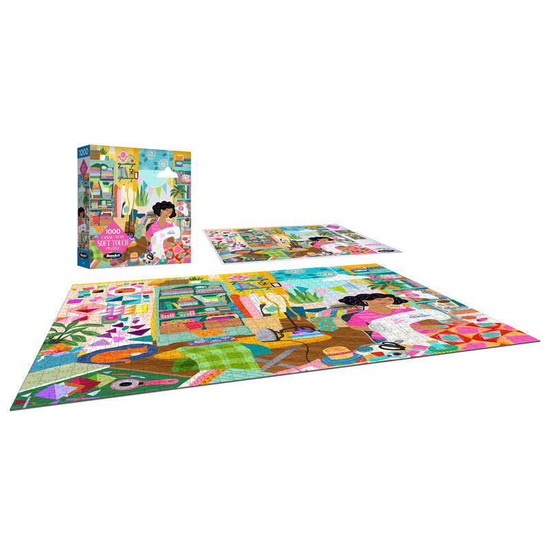 The ROSEART Soft Touch Sewing Room 1000 Piece Jigsaw Puzzle showcases a vibrant scene of a woman in her sewing room, with the beautifully designed puzzle box and completed image displayed.