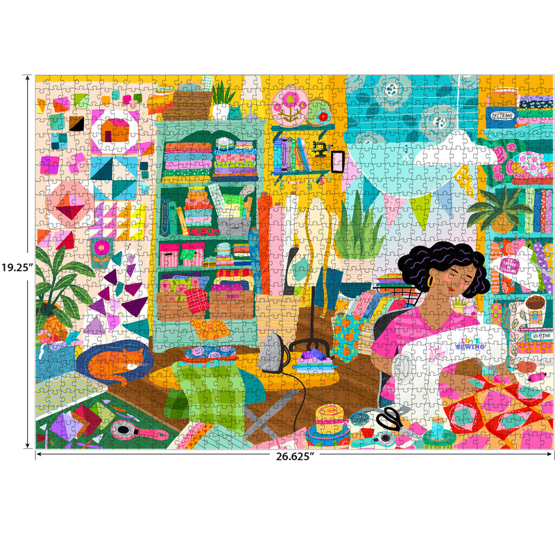The ROSEART Soft Touch Sewing Room 1000 Piece Jigsaw Puzzle features a colorful illustration of a woman sewing in a lively, organized studio filled with books, quilts, fabric, plants, and tools. Includes puzzle dimensions for easy reference.