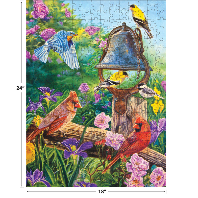 The ROSEART Kodak Premium Garden Melodies 350-piece jigsaw puzzle (18x24 in) showcases vibrant birds near a metal bell, surrounded by flowers and greenery for a charming garden scene.