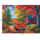 The completed ROSEART KODAK PREMIUM MAINE ROAD 350-piece jigsaw puzzle (24x18 in) features a red truck on a country road near a red house, with autumn trees, a rabbit, dog, and airplane in the sky.