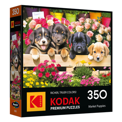 Enjoy assembling the ROSEART KODAK PREMIUM Market Puppies 350-piece jigsaw puzzle, featuring four cute puppies by a wooden fence with vibrant flowers.