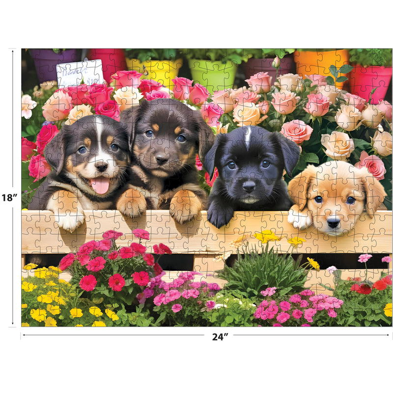 Four adorable MARKET PUPPIES sit behind a wooden fence amid vibrant flowers and plants in this charming ROSEART - KODAK PREMIUM 350 PIECE JIGSAW PUZZLE. Image size: 18 x 24 inches.