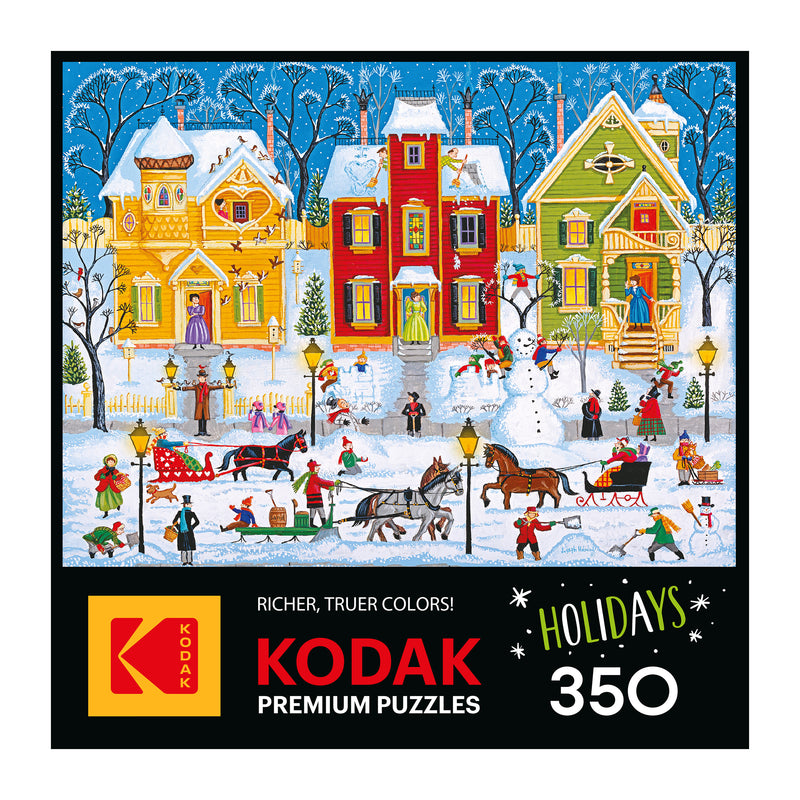 Festive winter village scene with ice skating and snowmen, featured on the ROSEART KODAK Premium "After the Snow Falls" 350-piece jigsaw puzzle, holiday edition.