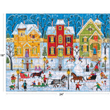 Enjoy piecing together ROSEART - KODAK PREMIUM - AFTER THE SNOW FALLS, a 350 piece jigsaw puzzle (18" x 24") featuring a snowy village scene with people skating, sledding, and riding horse-drawn sleighs by colorful houses.