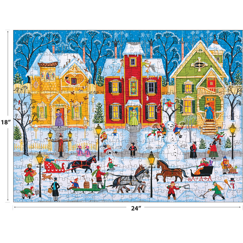 Enjoy piecing together ROSEART - KODAK PREMIUM - AFTER THE SNOW FALLS, a 350 piece jigsaw puzzle (18" x 24") featuring a snowy village scene with people skating, sledding, and riding horse-drawn sleighs by colorful houses.
