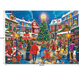 Festive Christmas Village town square scene with people, a big decorated tree, Santa Claus, snow, and holiday lights. ROSEART KODAK PREMIUM 1000 Piece Jigsaw Puzzle with labeled dimensions.