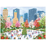 Experience the magic of a New York Christmas with the ROSEART - SOFT TOUCH - NEW YORK CHRISTMAS 1000 piece jigsaw puzzle, featuring people ice skating around a festive tree in a snowy city park surrounded by tall buildings.