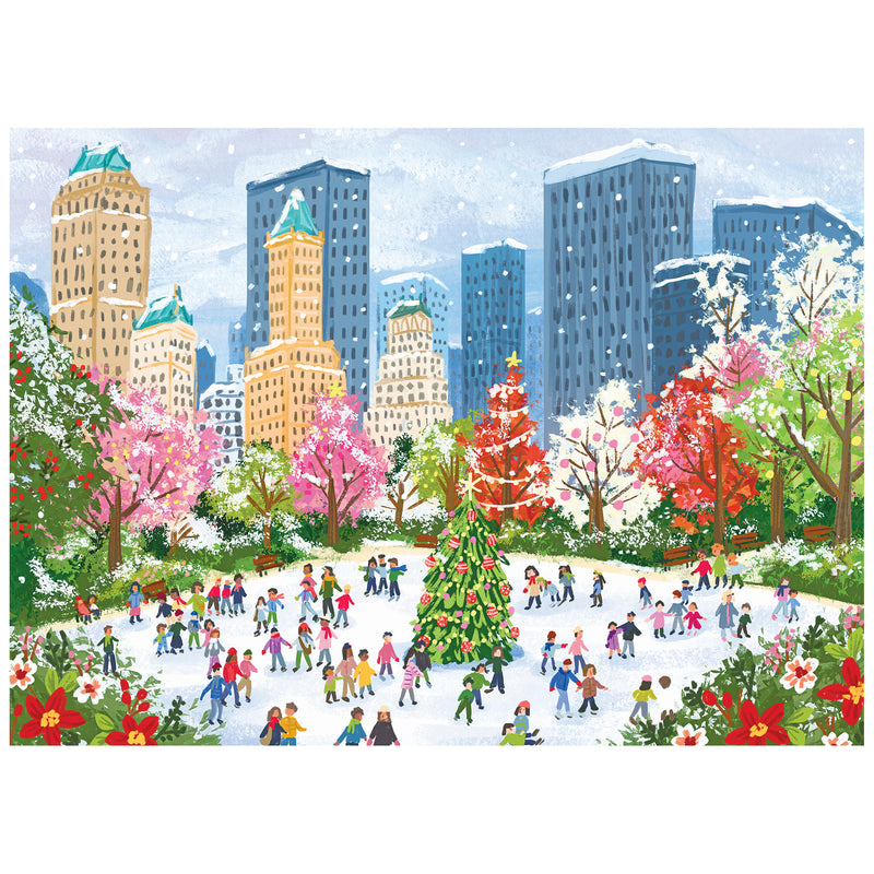 Experience the magic of a New York Christmas with the ROSEART - SOFT TOUCH - NEW YORK CHRISTMAS 1000 piece jigsaw puzzle, featuring people ice skating around a festive tree in a snowy city park surrounded by tall buildings.