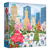 The ROSEART Soft Touch New York Christmas 1000-piece jigsaw puzzle features a festive city park scene with ice skaters, a Christmas tree, and buildings—perfect for celebrating the magic of a New York holiday.