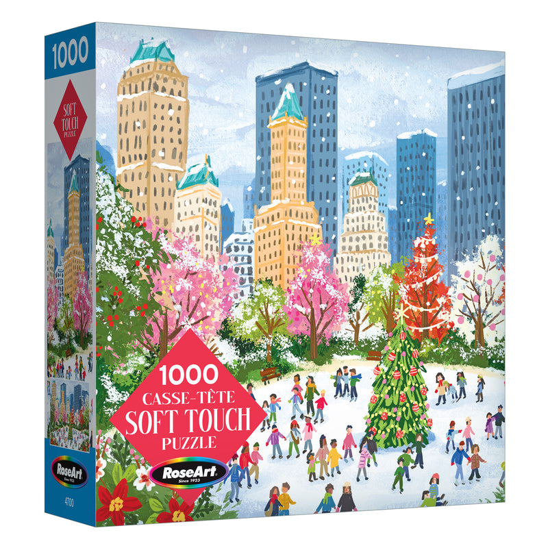 The ROSEART Soft Touch New York Christmas 1000-piece jigsaw puzzle features a festive city park scene with ice skaters, a Christmas tree, and buildings—perfect for celebrating the magic of a New York holiday.