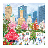 Experience the magic of a New York Christmas with the ROSEART - SOFT TOUCH - NEW YORK CHRISTMAS 1000 PIECE JIGSAW PUZZLE, featuring a winter city park scene with skaters, festive trees, and skyscrapers. "1000 Casse-Tête Soft Touch Puzzle RoseArt" on lower left.