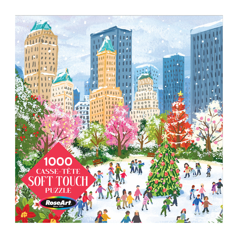 Experience the magic of a New York Christmas with the ROSEART - SOFT TOUCH - NEW YORK CHRISTMAS 1000 PIECE JIGSAW PUZZLE, featuring a winter city park scene with skaters, festive trees, and skyscrapers. "1000 Casse-Tête Soft Touch Puzzle RoseArt" on lower left.
