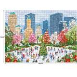 The ROSEART Soft Touch New York Christmas 1000 piece jigsaw puzzle features people ice skating in a city park with tall buildings and a festive Christmas tree. Finished size: 19.25" x 26.625".