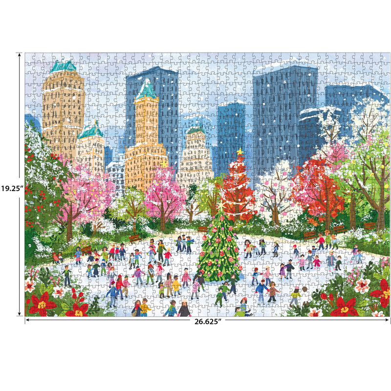 The ROSEART Soft Touch New York Christmas 1000 piece jigsaw puzzle features people ice skating in a city park with tall buildings and a festive Christmas tree. Finished size: 19.25" x 26.625".