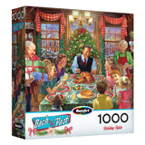 The ROSEART "Back to the Past - Holiday Table" 1000 piece jigsaw puzzle features a festive family scene with a turkey, Christmas tree, and holiday décor for nostalgic fun.