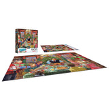 A completed ROSEART - BACK TO THE PAST - HOLIDAY TABLE 1000 piece jigsaw puzzle depicts a festive holiday table scene, shown with its box and instruction sheet.