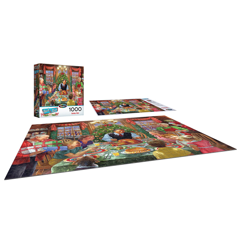 A completed ROSEART - BACK TO THE PAST - HOLIDAY TABLE 1000 piece jigsaw puzzle depicts a festive holiday table scene, shown with its box and instruction sheet.